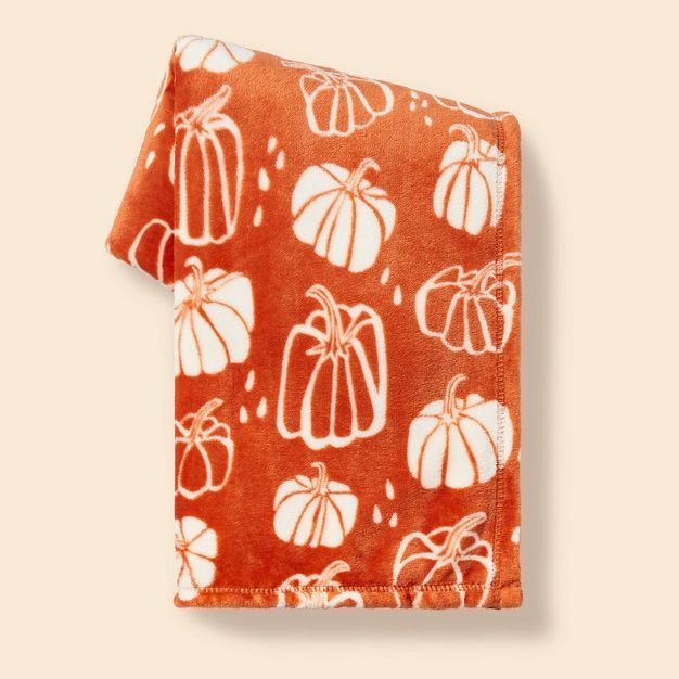 Pumpkin Printed Plush Throw Blanket Orange/Almond - Spritz&#8482; | Target