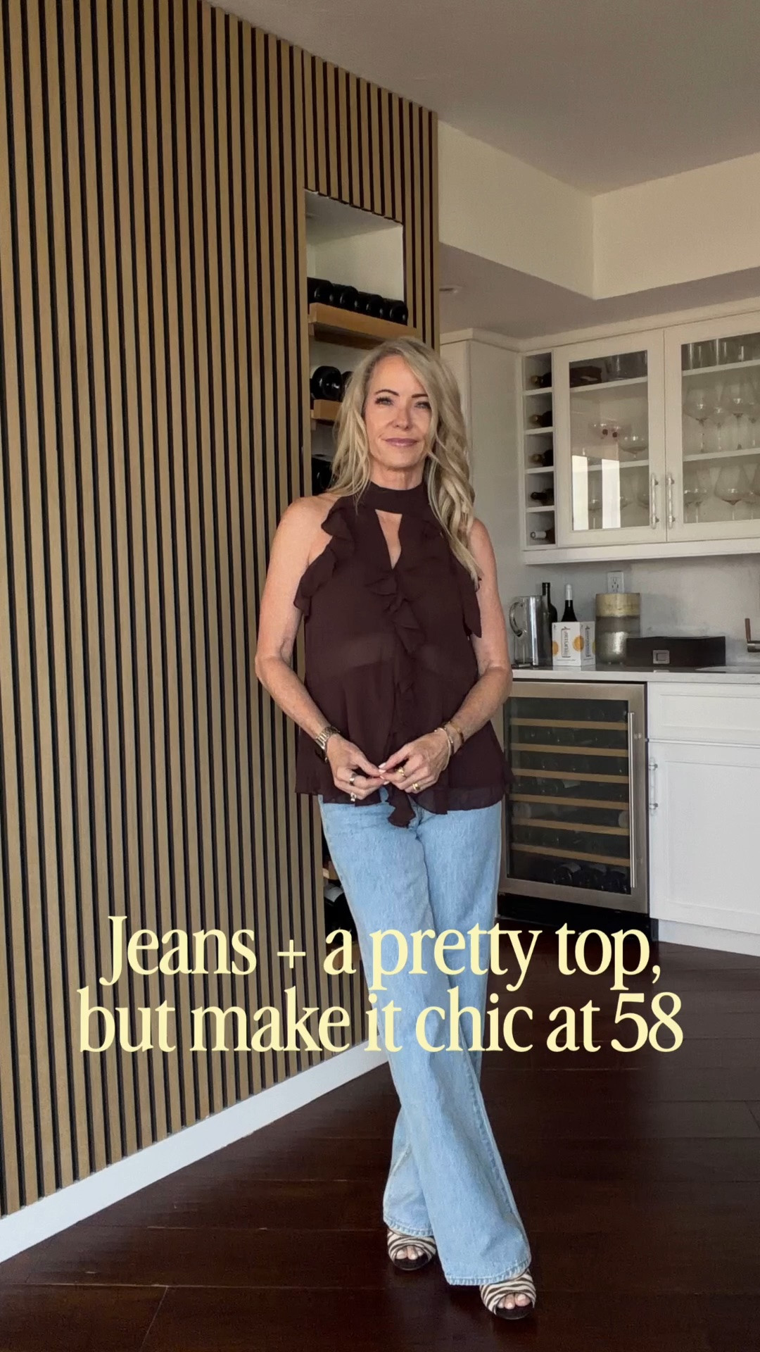 Jeans + a pretty top = my kind of effortless fall style. Loving this rich chocolate brown ruffled top paired with relaxed wide-leg denim and a fun printed heel. Chic, feminine and so easy to wear at 58. Everything linked here!

#LTKgrwm #LTKOver40 #LTKPetite