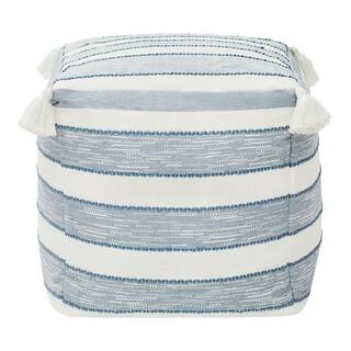 Hampton Bay 18 in. x 18 in. x 18 in. White and Blue Square Outdoor Pouf with Tassel ZZ-PF-WB25 - ... | The Home Depot