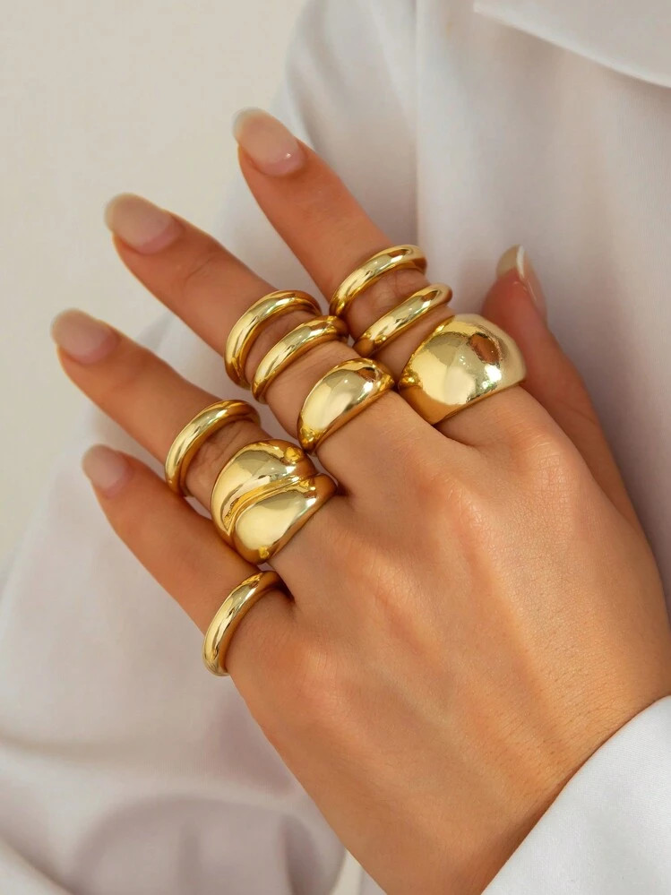 9/6 Pcs/Set Retro Minimalist Metal Hollow Geometric Water Drop Adjustable Rings, Gold & Silver Th... | SHEIN