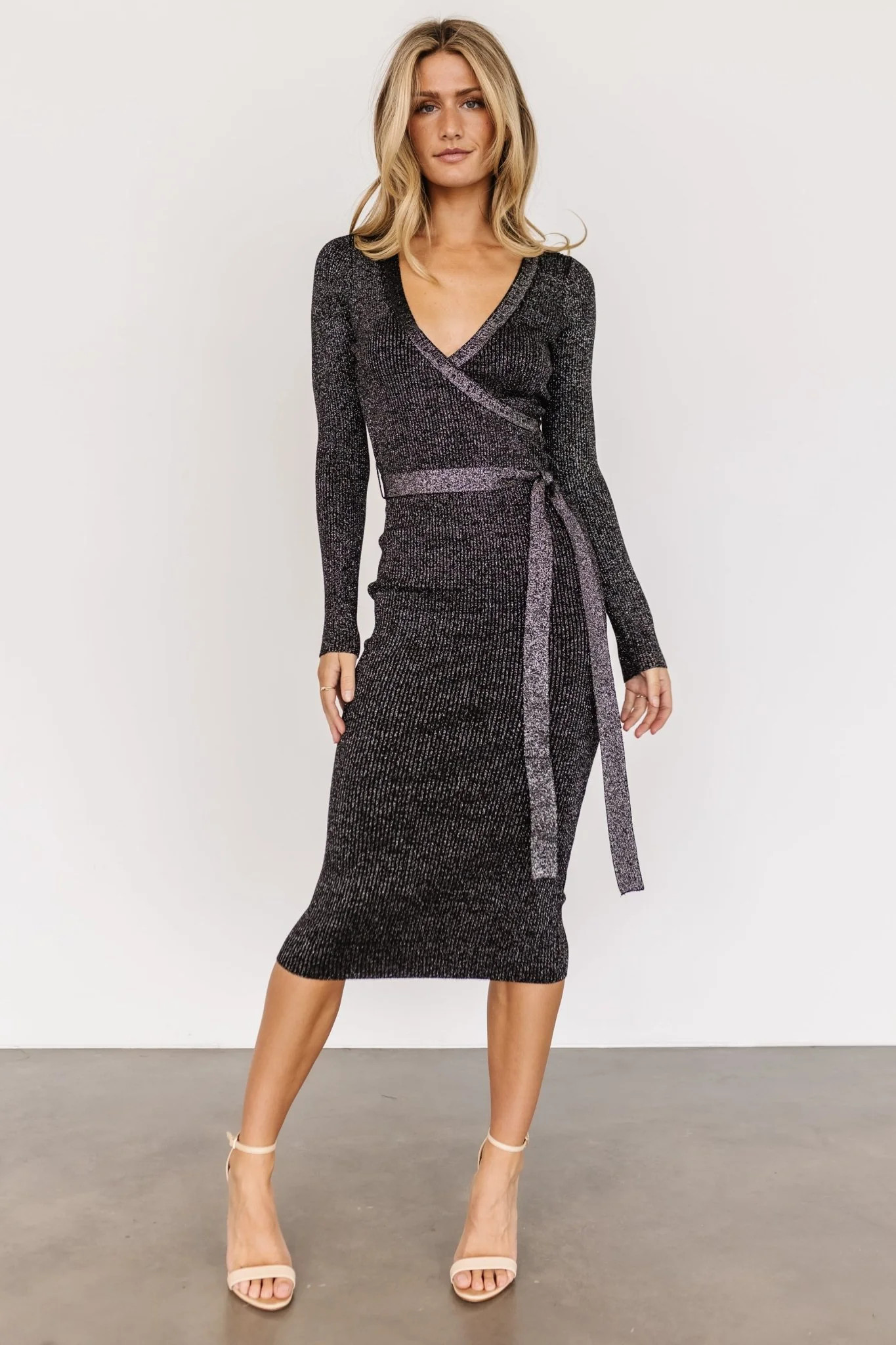 Nancy Ribbed Shimmer Midi Dress | Black | Baltic Born