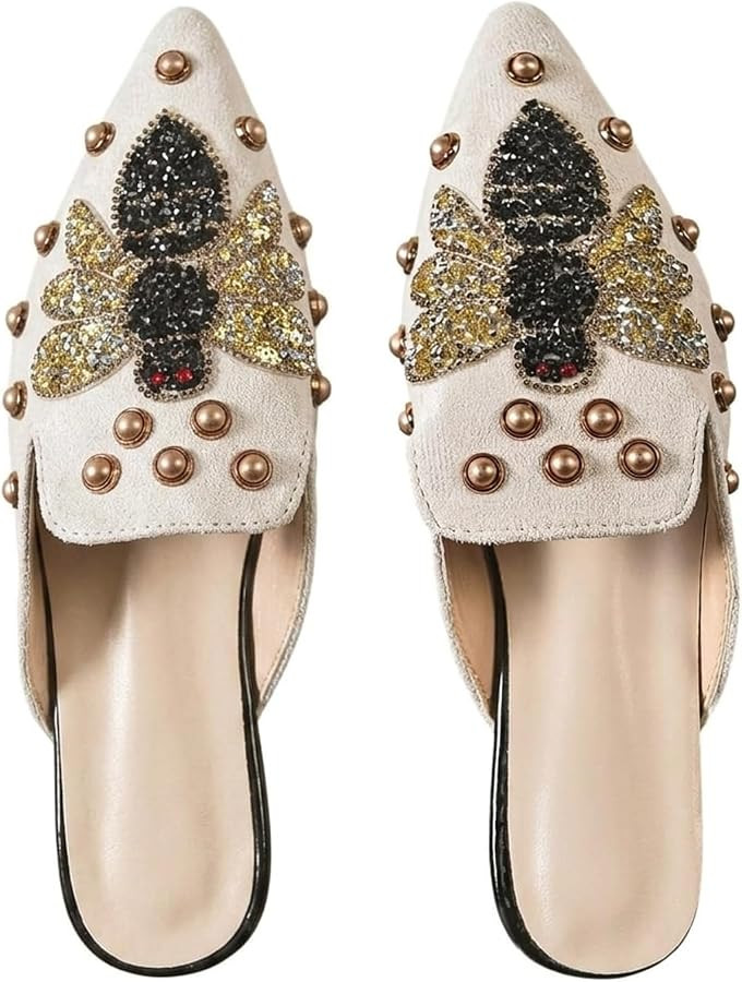 Verdusa Women's Rhinestone Mules PU Leather Shoes Studded Pointed Closed Toe Slide Flats | Amazon (US)