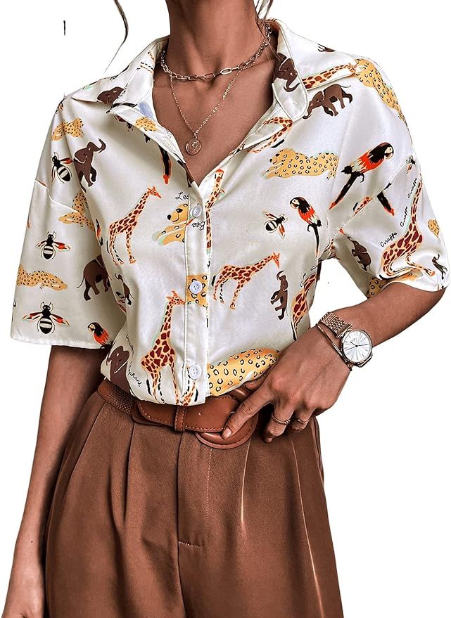 SweatyRocks Women's Short Sleeve Cute Print Button Down Shirt Tops | Amazon (US)