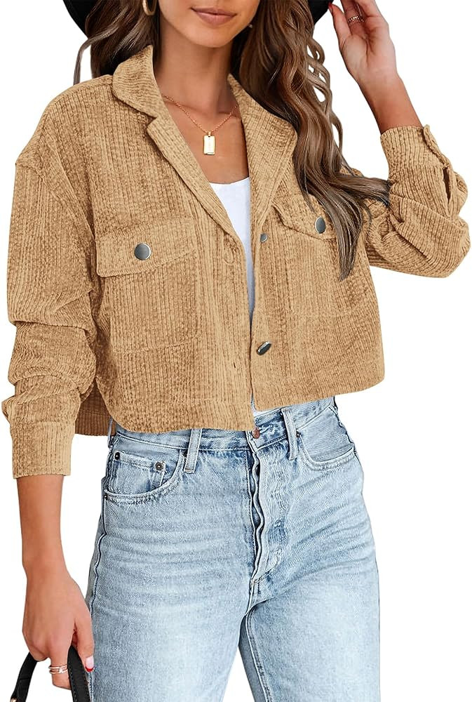BTFBM Women's Corduroy Cropped Jacket 2024 Winter Fall Lapel Button Down Casual Short Shacket Jac... | Amazon (US)