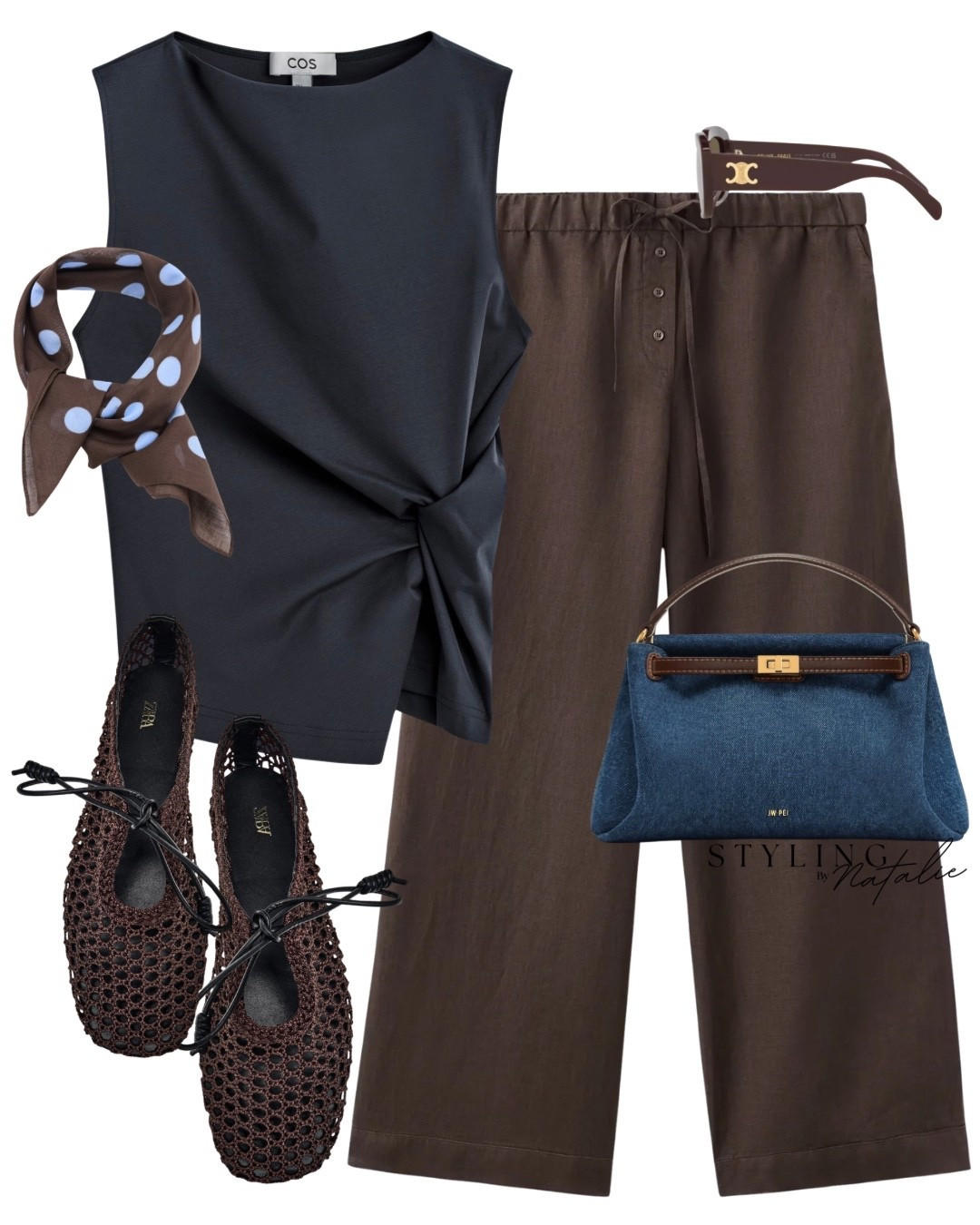 Easy city style- brown pull on linen trousers, navy top, polka dot scarf, Celine sunglasses and cutwork ballet flats.
Zara, ballerinas, navy and chocolate brown, casual
Chic .

#LTKsummer #LTKspring #LTKuk