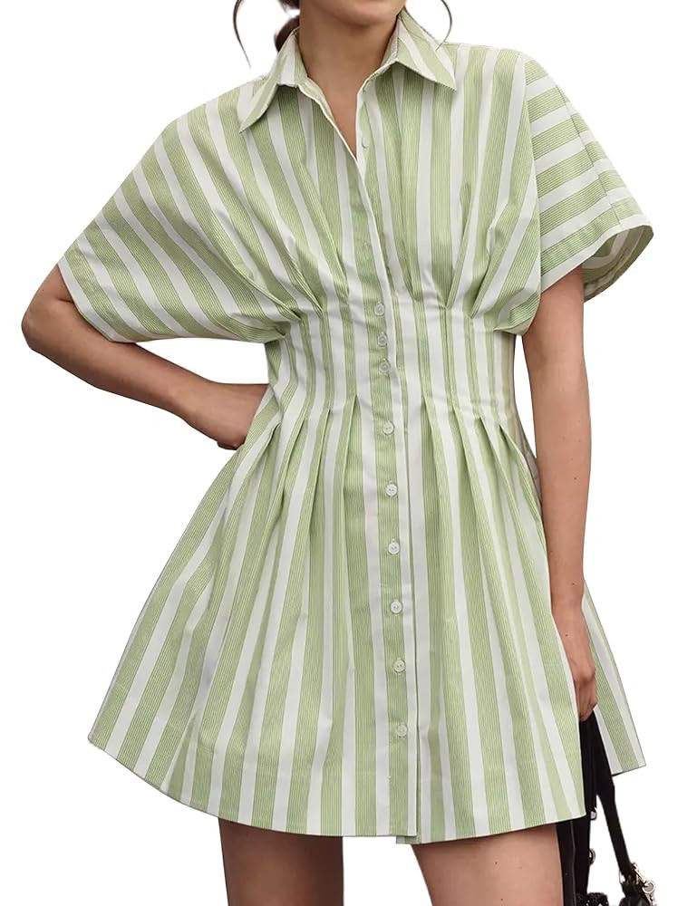 Women’s Button Front Down Pleated Shirt Dress Summer Casual Striped Short Sleeve Blouse Mini Dr... | Amazon (US)