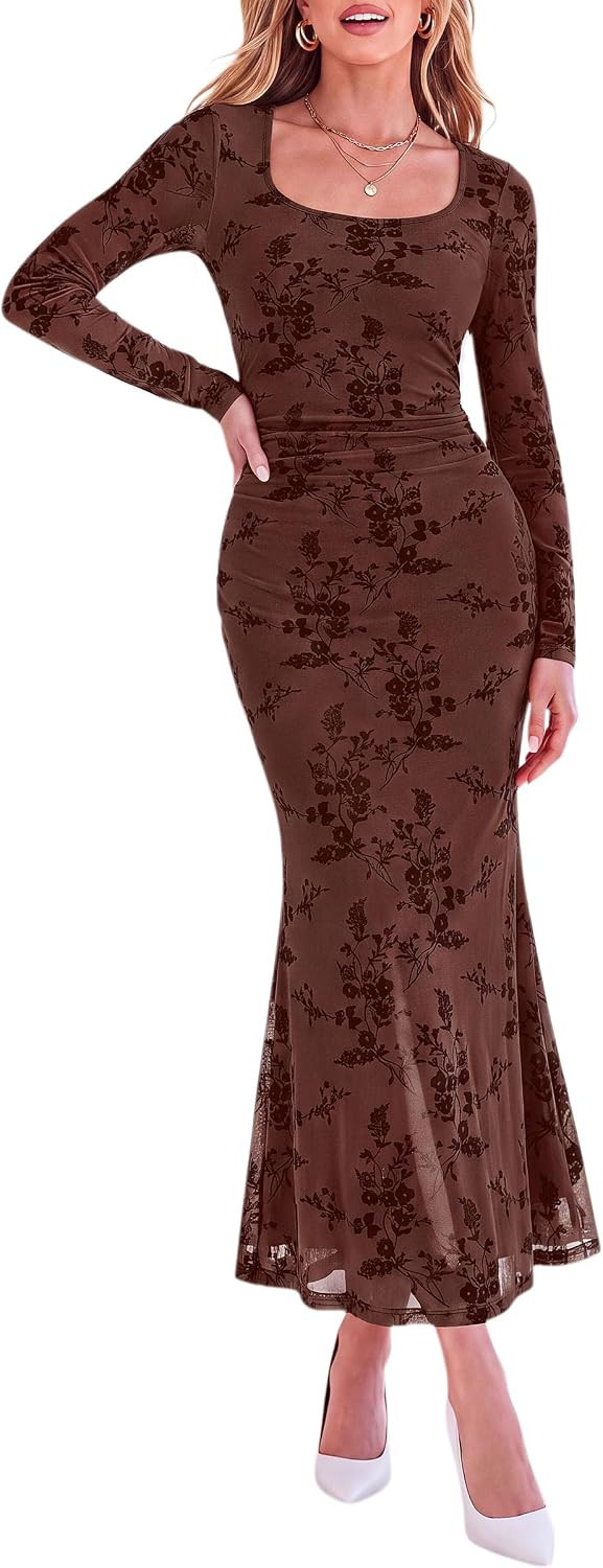 PRETTYGARDEN Women's Long Sleeve Floral Maxi Bodycon Dress | Amazon (US)