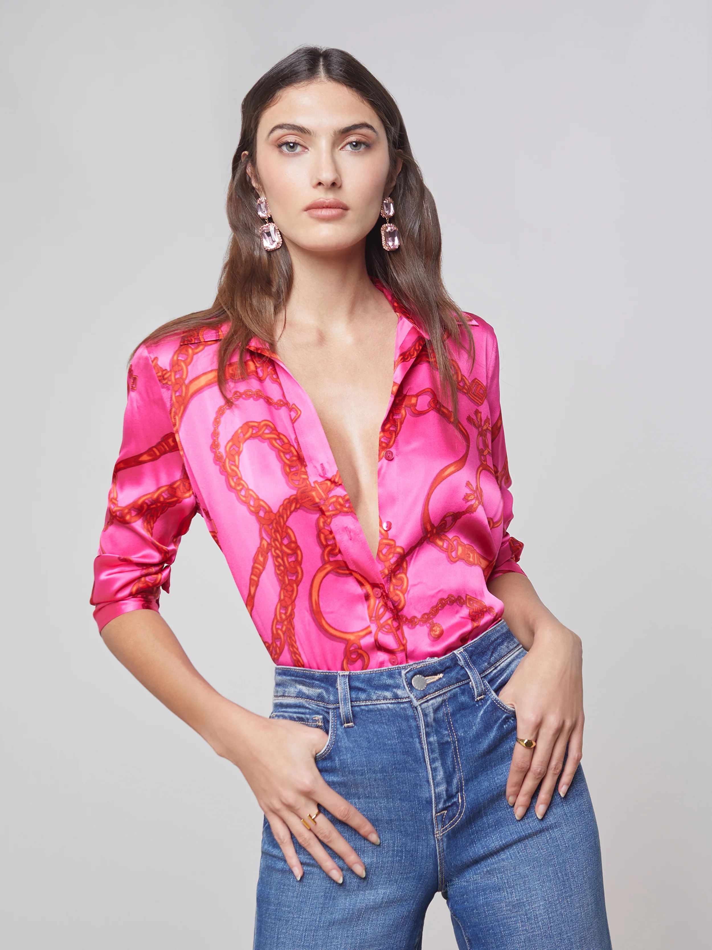 L'AGENCE Dani Silk Blouse in Pink/Red Buckle Chain | L'Agence