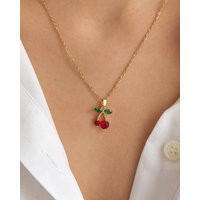 Gold Cherry Necklace | Necklace, Fruit 18K Plated, Red Gift For Her, Pendant | Etsy (US)