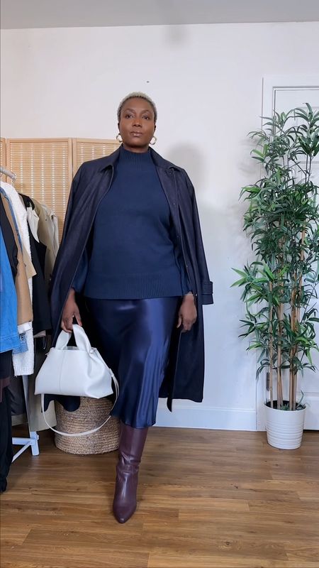 31 days of autumn day 9 

Navy blue satin skirt and denim trench coat.

Jumper and skirt Finery London I am wearing a size 16 

Shoes duo boots 

Bag polene Paris 

jacket Hobbs London 

I am wearing a size 18 

#LTKstyletip #LTKover40