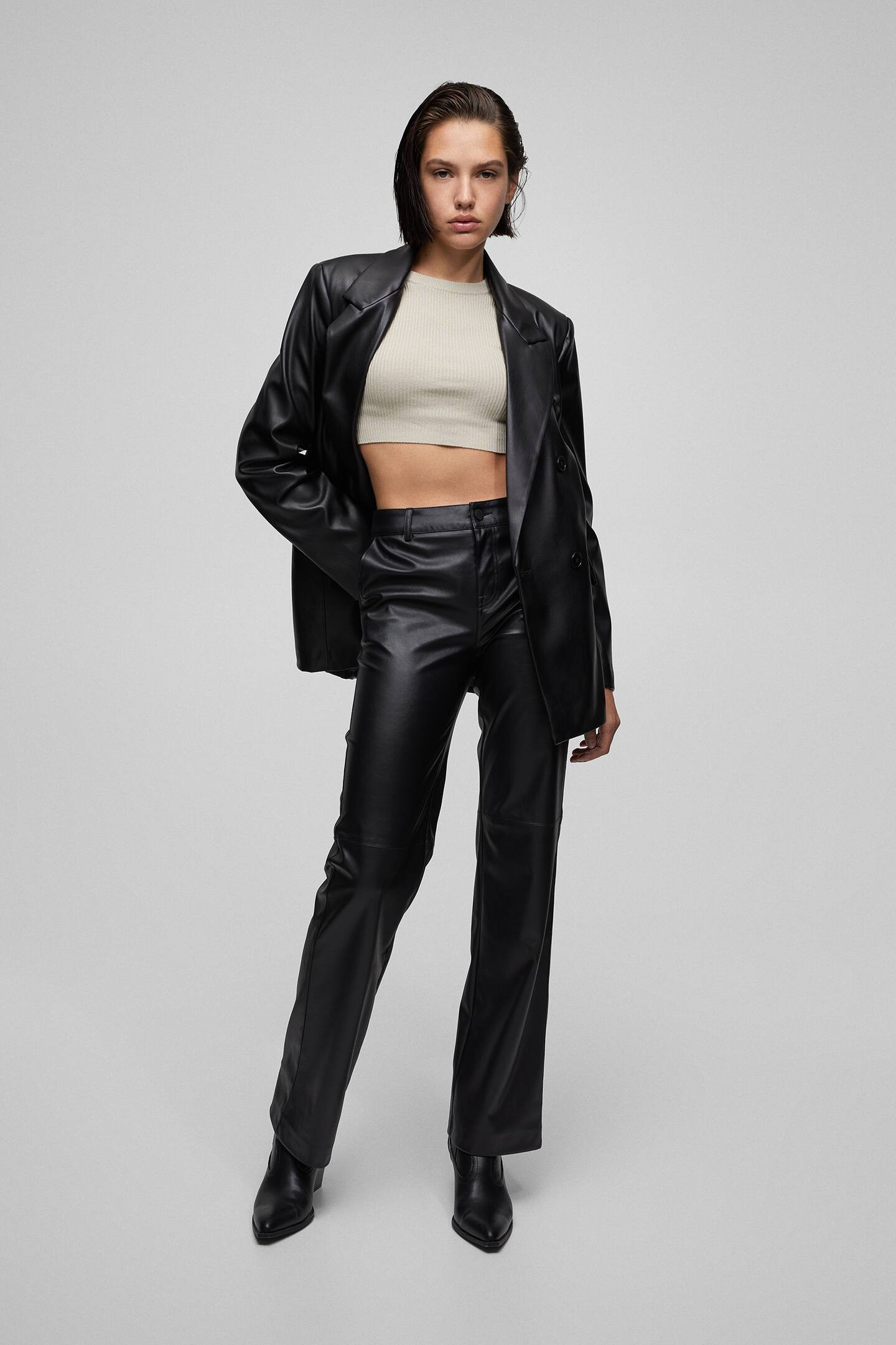 Straight fit faux leather trousers | PULL and BEAR UK