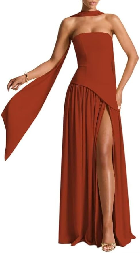 Strapless Bridesmaid Dresses with Scarf Satin Dress with Slit Formal Evening Gowns PU285 | Amazon (US)