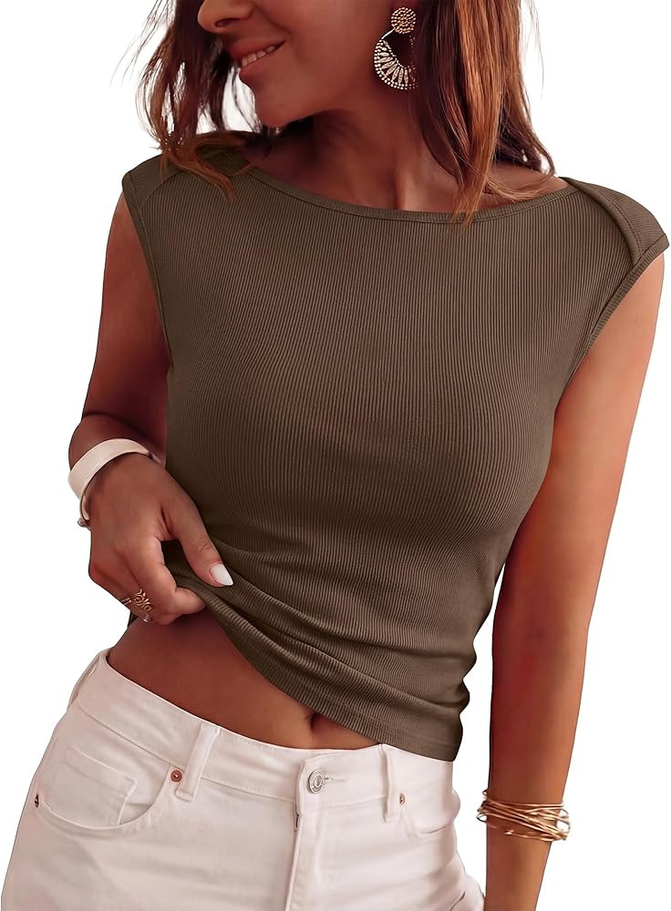 BTFBM Women's Ribbed Tank Tops 2026 Summer Cap Sleeve Boat Neck Slim Fitted Knit Basic Casual Tee... | Amazon (US)