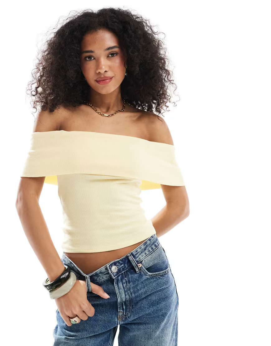 Hollister off the shoulder short sleeve top in yellow | ASOS (Global)