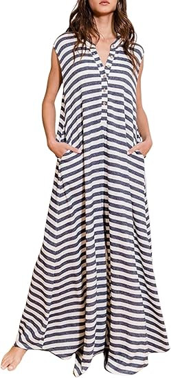 Women Casual Striped Sleeveless Tank Jumpsuits Color Block Wide Leg Romper Comfy Button Down Romp... | Amazon (US)