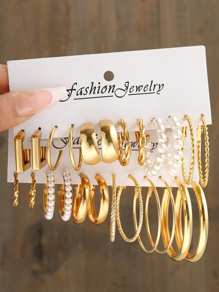 12-24pcs/set Fashionable Imitation Pearl Earrings With Metallic Geometric, Twisted Wide Hoop, Per... | SHEIN