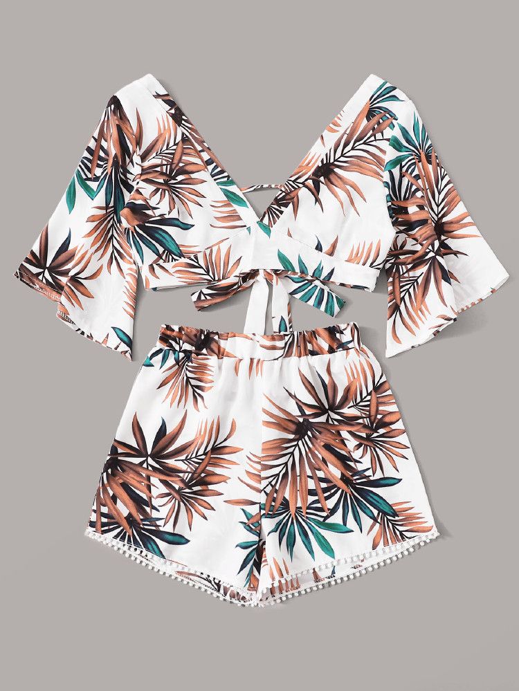 Tropical Tie Back Top & Pompom Trim Shorts | SHEIN
