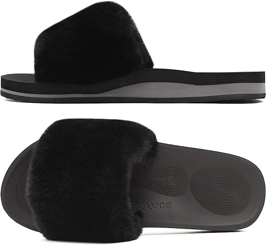 COFACE Womens Sliders Plush House Slippers Flat Sandals for Women Memory Foam Fuzzy Open Toe Slipper | Amazon (US)