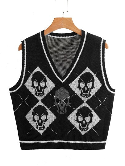 Plus Skull & Argyle Pattern Sweater Vest | SHEIN