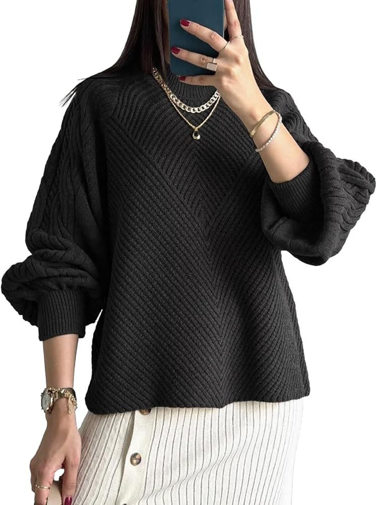 Upopby Women's Fall Winter Cable Knit Sweaters for Women Trendy Lantern Sleeve Chunky Mock Neck P... | Amazon (US)