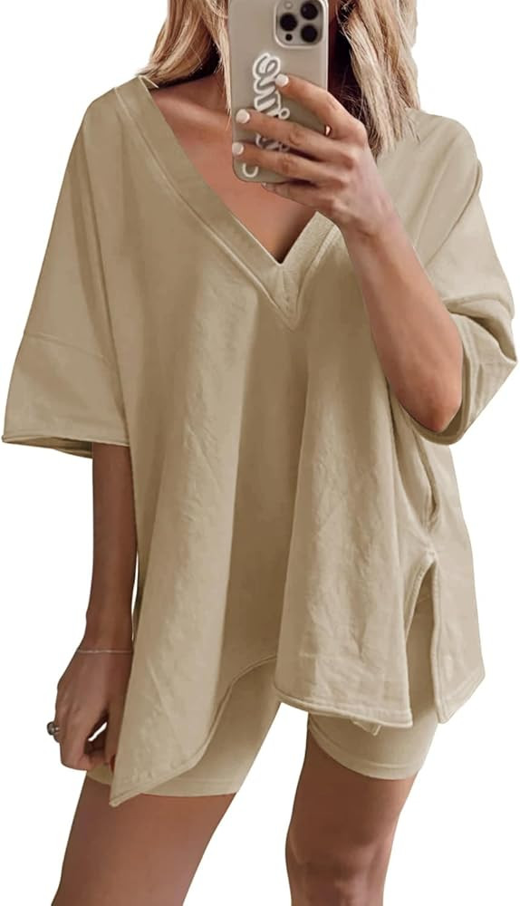 Ailoqing 2 Piece Outfits for Women Summer Oversized V Neck T Shirt Biker Short Sets Hot Shot Reve... | Amazon (US)