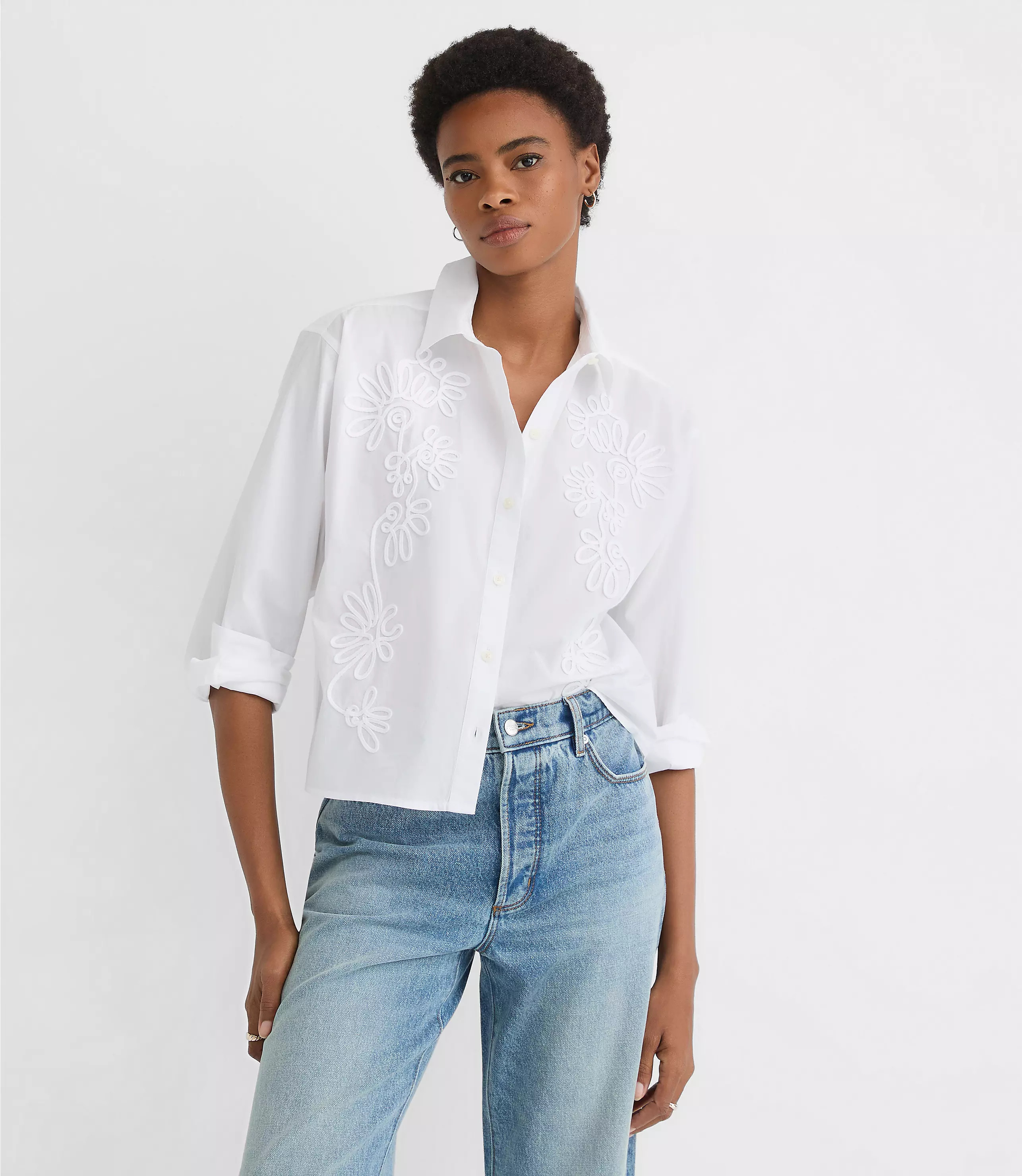 Floral Embroidered Poplin Everyday Abbreviated Shirt | LOFT