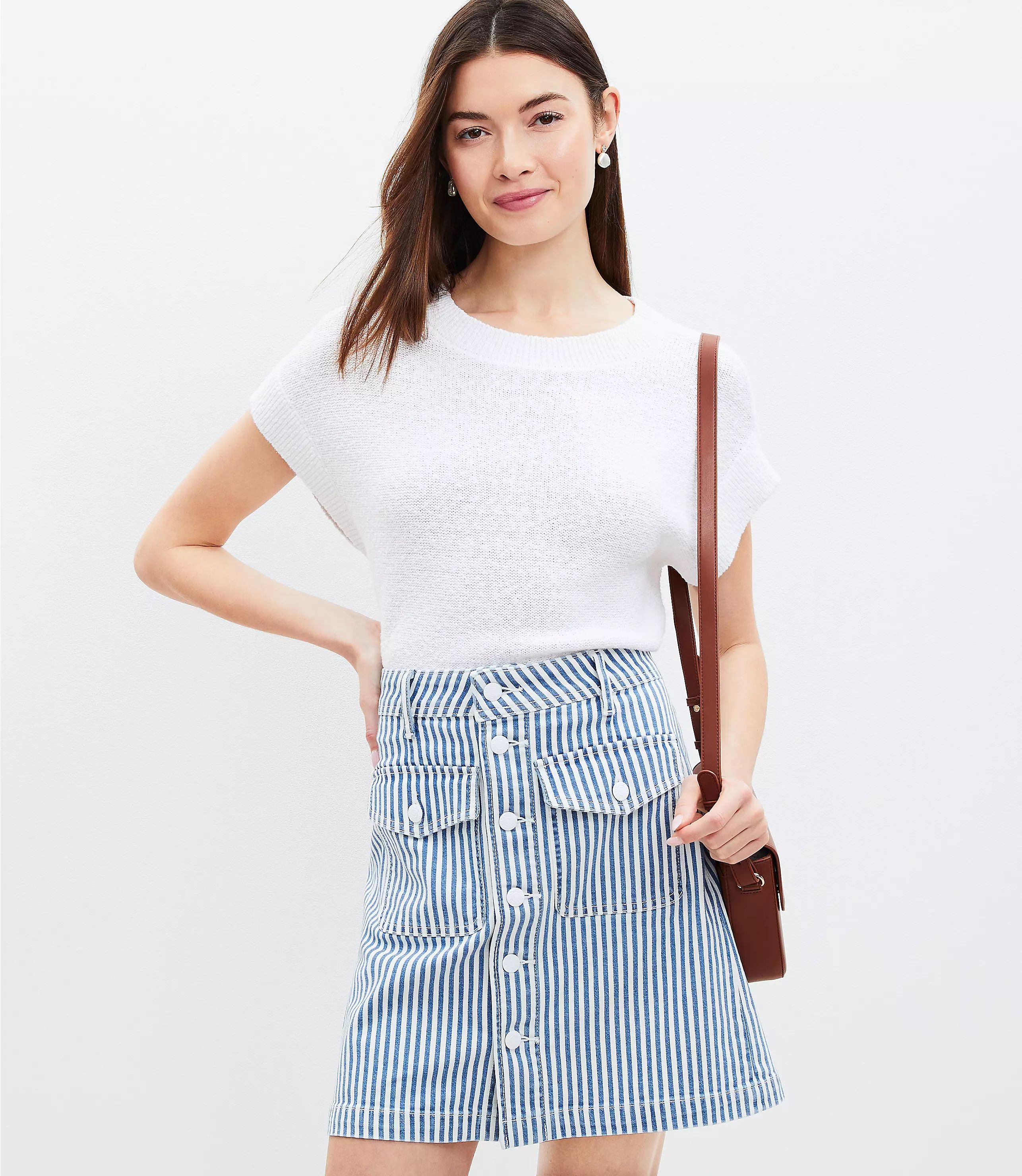 Petite Patch Pocket Denim Skirt in Blue Railroad Stripe | LOFT