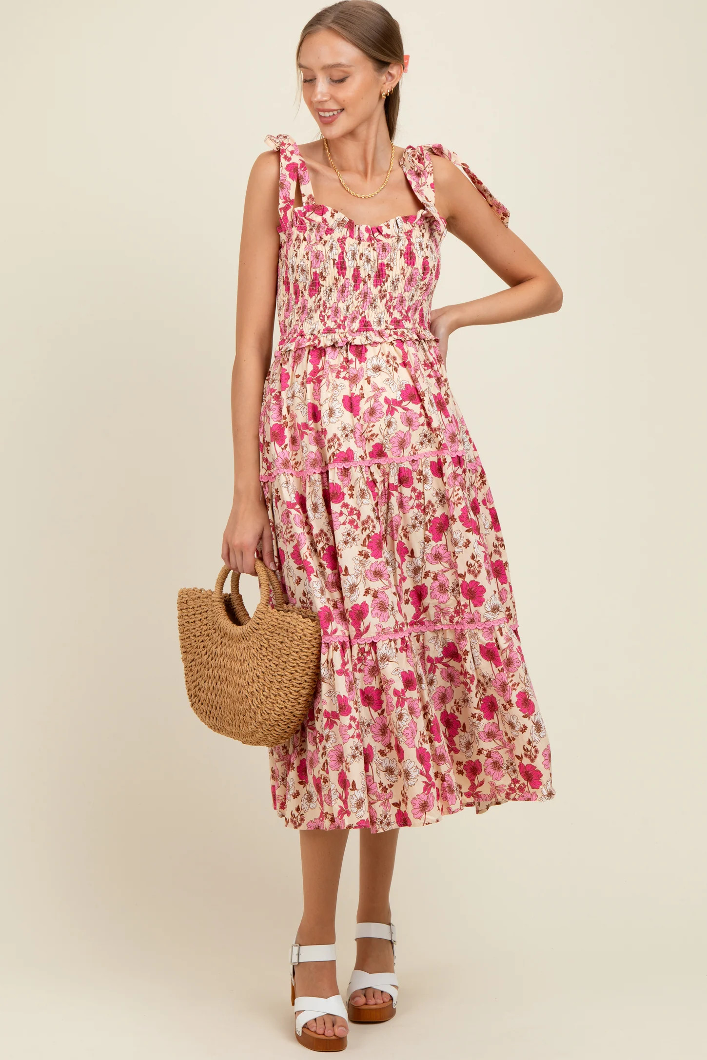 Pink Floral Smocked Ruffled Lace Trim Maternity Midi Dress | PinkBlush Maternity