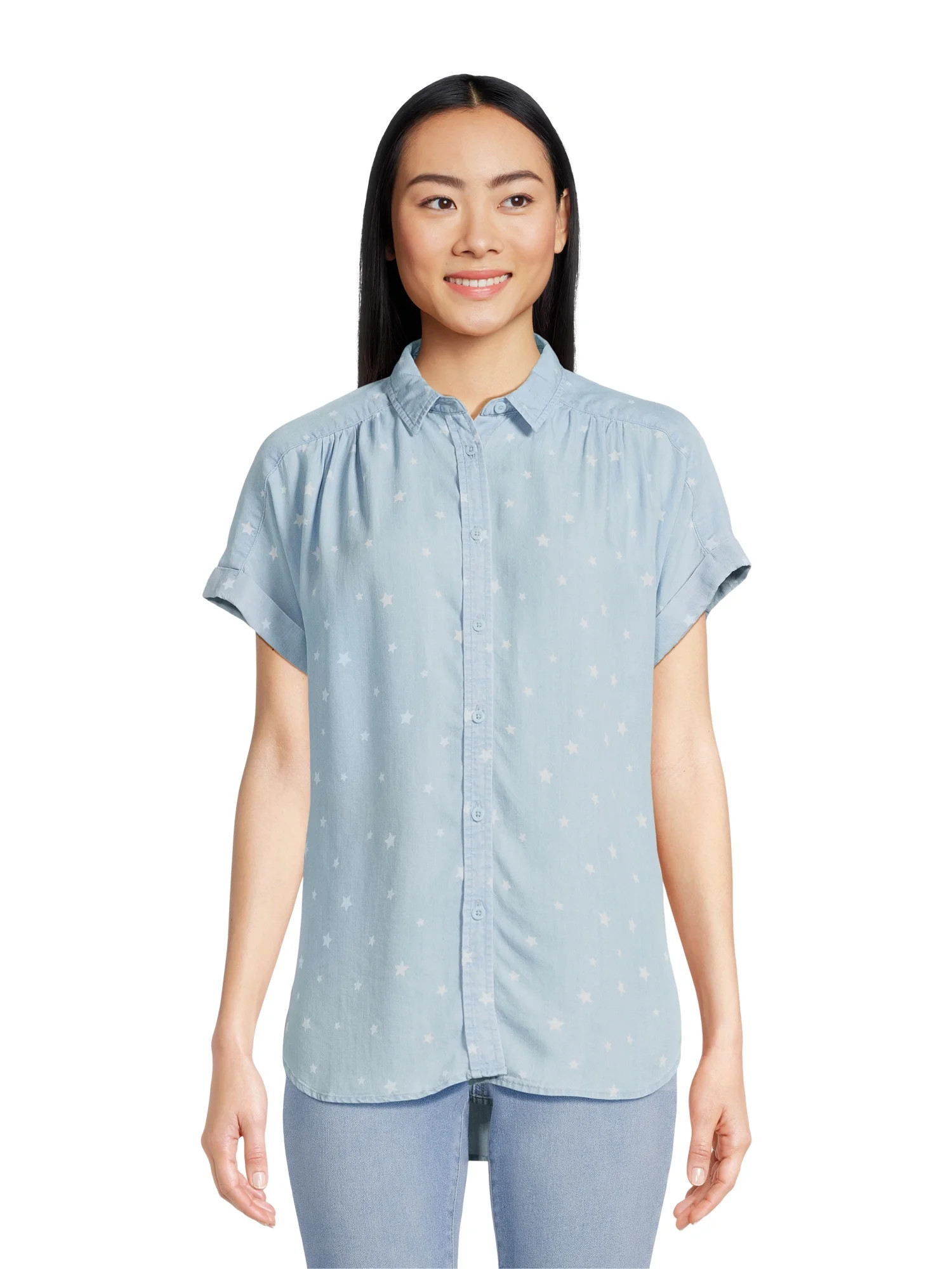 Time and Tru Women's Button Down Camp Shirt with Roll Cuff Sleeves, Sizes XS-XXXL | Walmart (US)