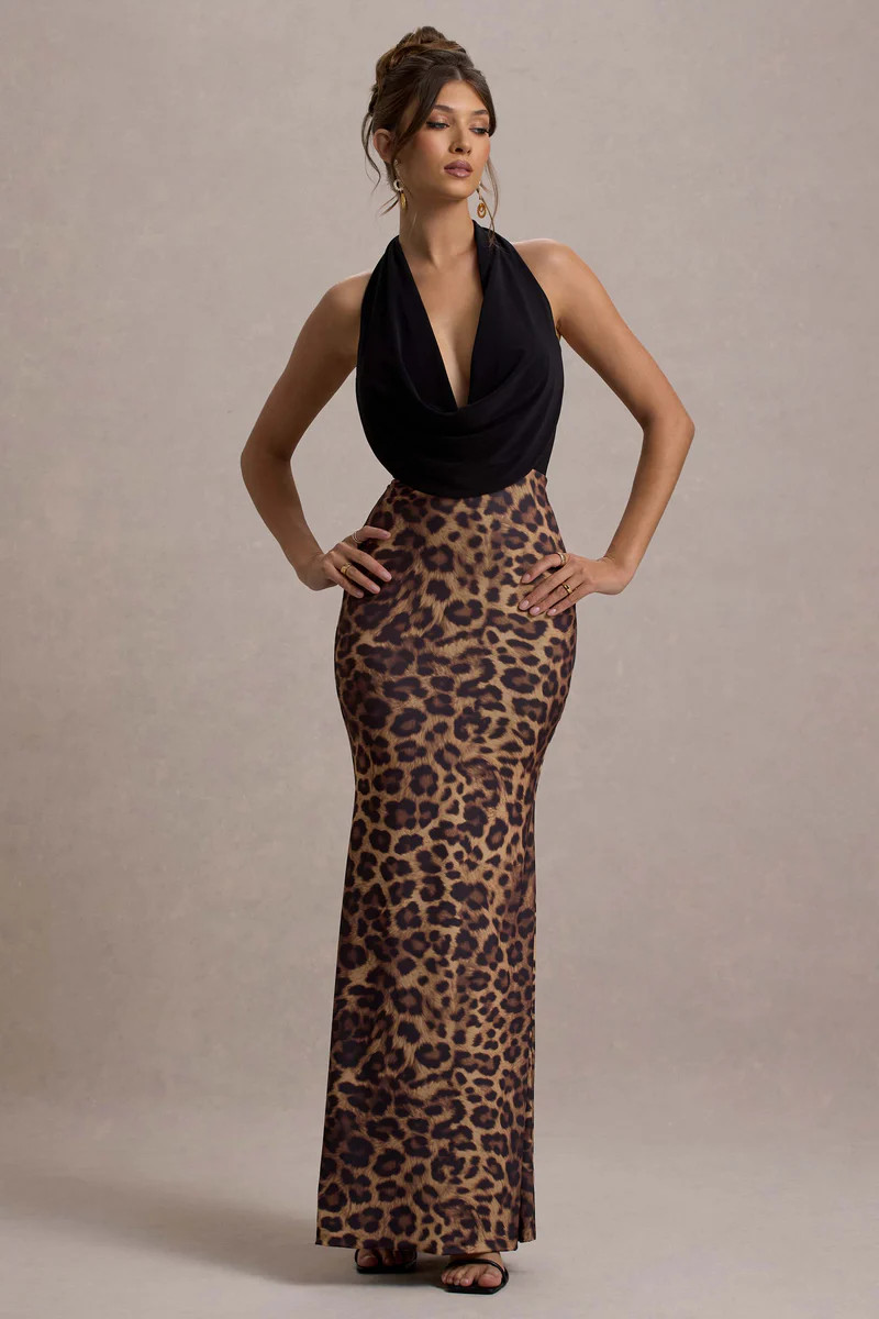 Krystal | Animal Print Deep Plunge-Neck Maxi Dress | Club L London