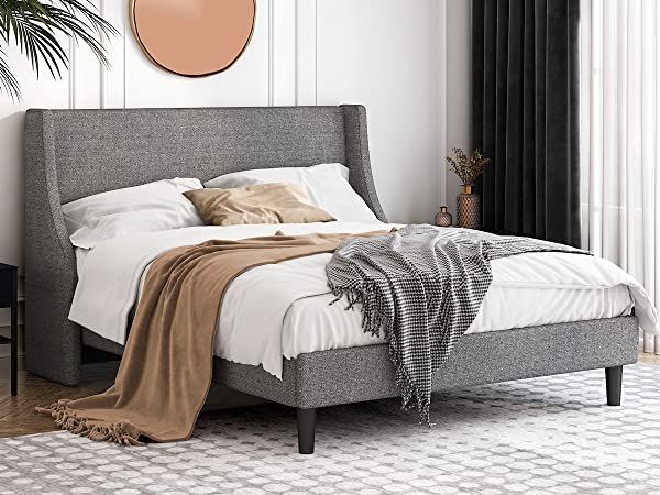 Amazon.com: Einfach Queen Size Platform Bed Frame with Wingback Headboard / Fabric Upholstered Ma... | Amazon (US)