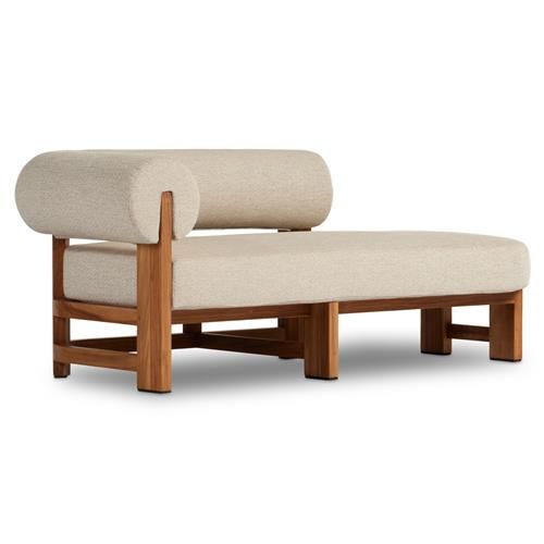 Carlo Mid Century Beige Upholstered Natural Teak Outdoor Chaise - LAF | Kathy Kuo Home