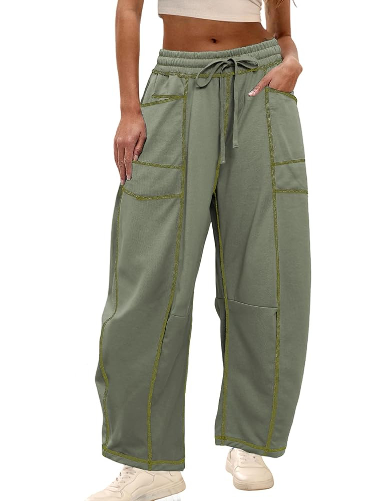 Athlisan Womens Baggy Barrel Pants Wide Leg Lounge Drawstring Sweatpants with Pockets | Amazon (US)