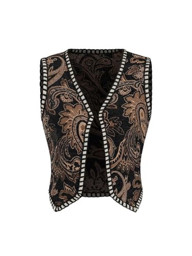 Verdusa Women's Western Boho Open Front V Neck Sleeveless Jacquard Tops Cow Girl Boho Vest Jacket Black Small | Amazon (US)
