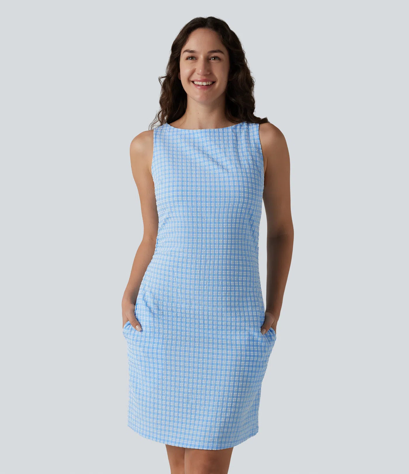 Women’s Boat Neck Sleeveless Gingham Mini Casual Dress with Pockets - Halara | HALARA