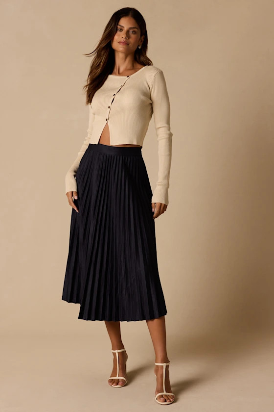 Raylie Navy Suede Pleated Midi Skirt | Lulus