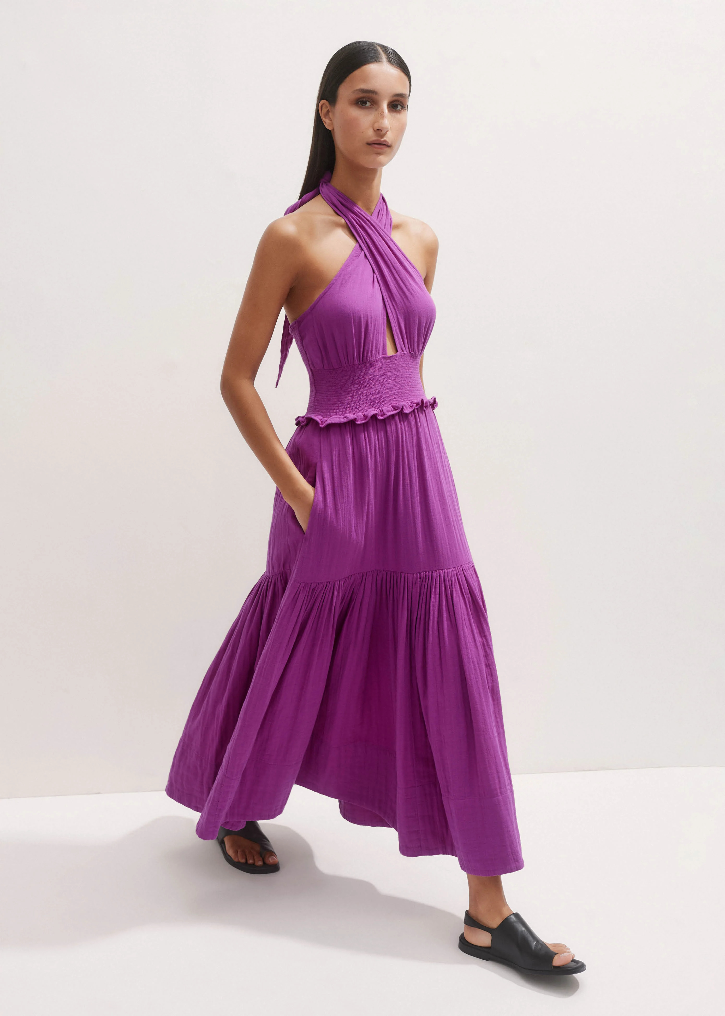 Women's Purple Cheesecloth Halterneck Maxi Dress | ME+EM | ME+EM US