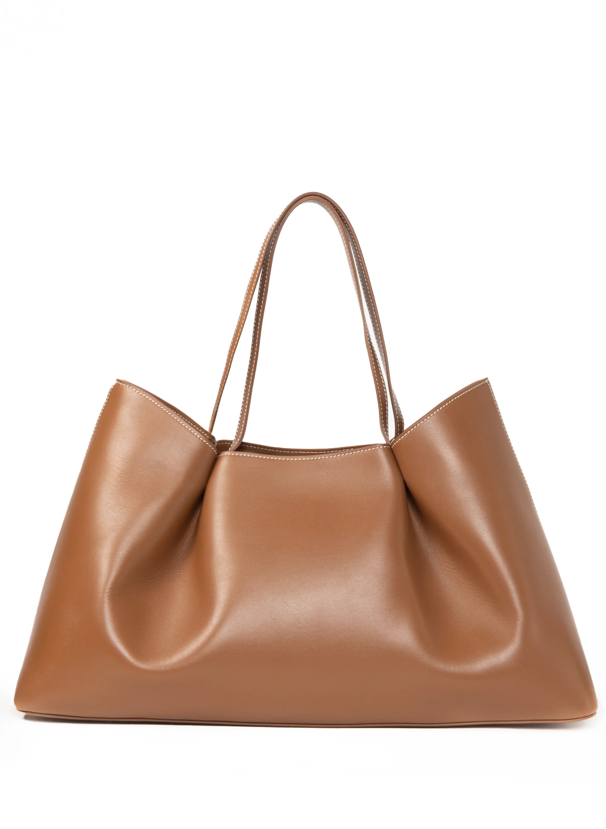 Dimple Tote Leather Cognac White Stitches - Daily Carry Tote - Elleme | Elleme