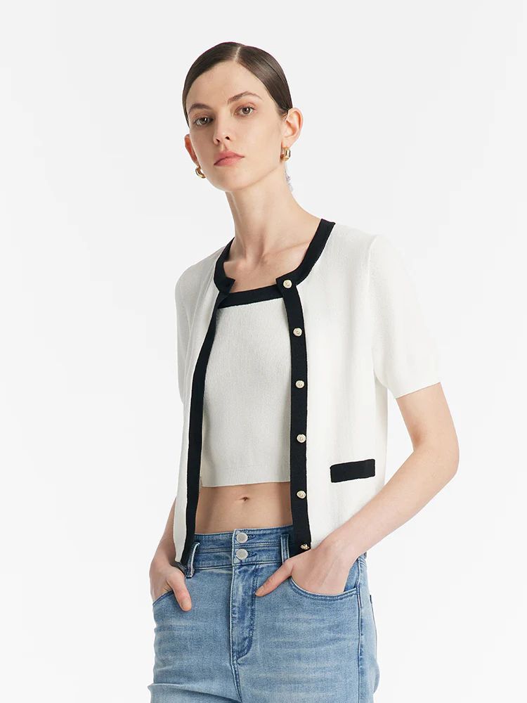 Contrast Trim Knitted Cardigan And Camisole Two-Piece Set | GOELIA