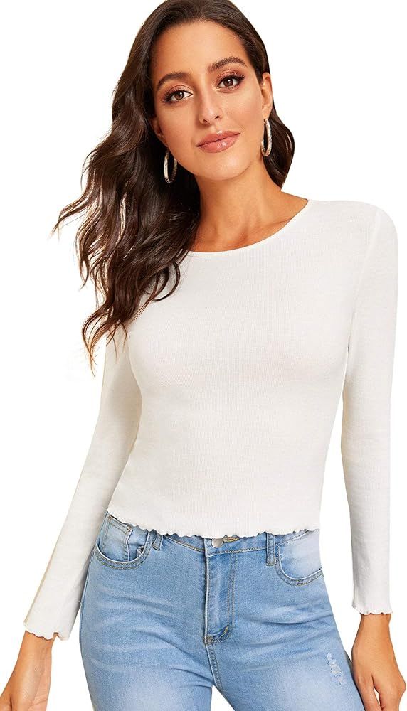 SweatyRocks Women's Casual Knit Lettuce Trim Solid Basic Long Sleeve T Shirt Top | Amazon (US)