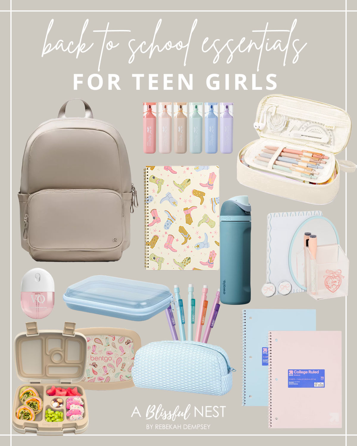 Everything a teen girl needs for a stylish and organized school year. Tap to shop.

Lululemon backpack, pastel highlighters, pencil case with pens, spiral notebook, Owala water bottle, desk organizer set, hand sanitizer, storage container, gel pens, bentgo lunch box, pencil pouch, and spiral notebooks. 

 #LTKKids