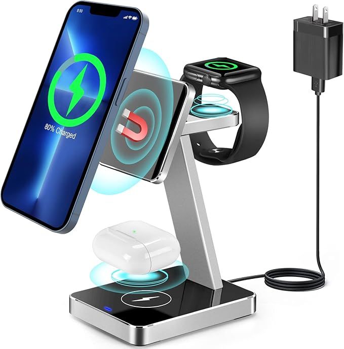 Aluminum Alloy 3 in 1 Magnetic Wireless Charger,15W Fast Wireless Charging Station Compatible wit... | Amazon (US)