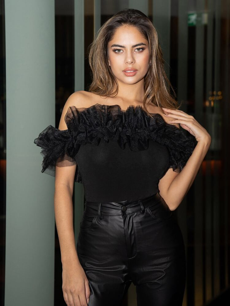 SHEIN Exaggerate Layered Mesh Ruffle Trim Bardot Top | SHEIN