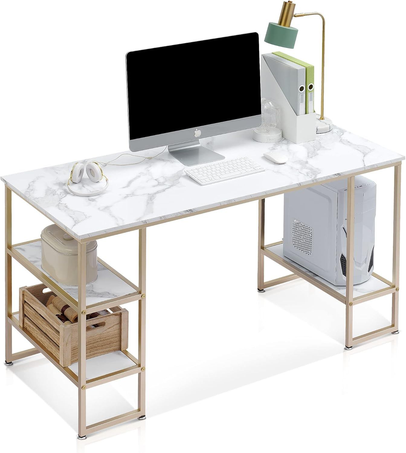 ivinta Computer Desk Office Desk with 3-Tier Shelves, White Desk for Small Space, Gaming Desk with C | Amazon (US)