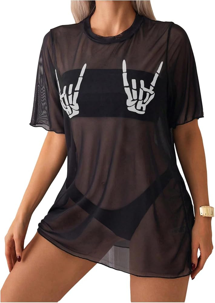 WDIRARA Women's Skeleton Sheer Mesh See Through Short Sleeve Swimsuit Cover Up Tops | Amazon (US)