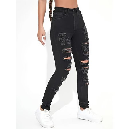 Women s Black Ripped Skinny Jeans Ripped Holes Skinny Jeans Girl s Y2K Style Jeans | Walmart (US)