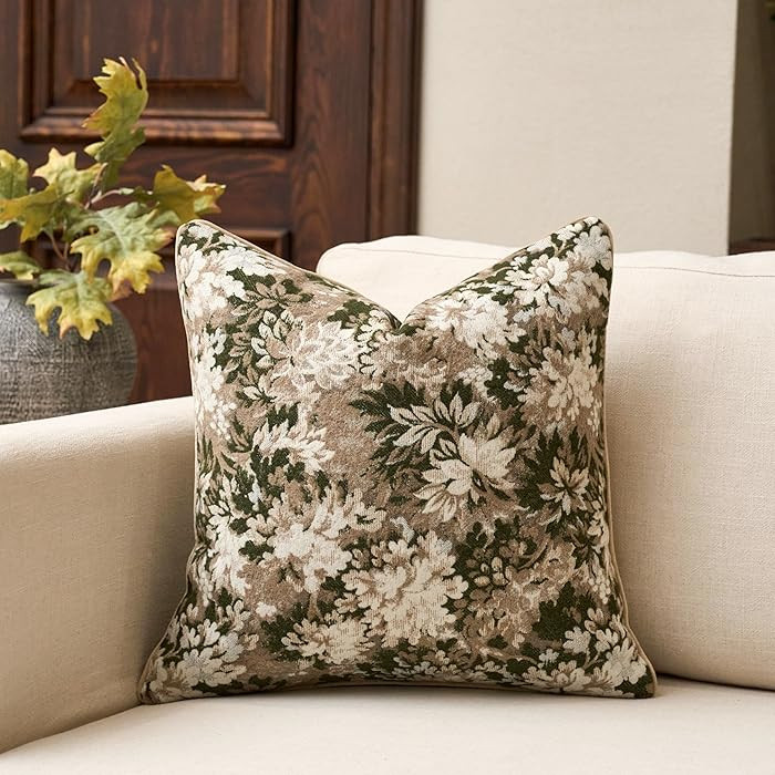 Yangest Neutral Floral Pillow Cover 24 x 24 Inches, Vintage Chenille Square Throw Pillow Cover So... | Amazon (US)