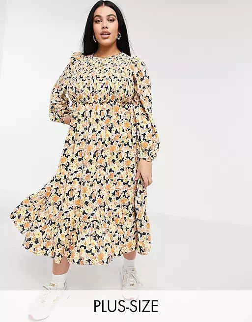 Fashion Union Plus midaxi dress with shirred bodice and tiered skirt in floral | ASOS (Global)