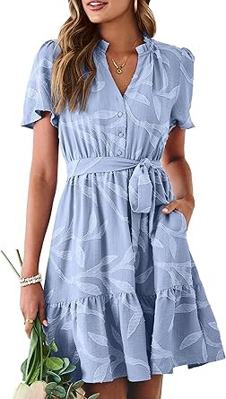 Simplee Womens Summer Dresses 2026 Casual Short Sleeve Empire Waist A Line Mini Dress V Neck Boho... | Amazon (US)