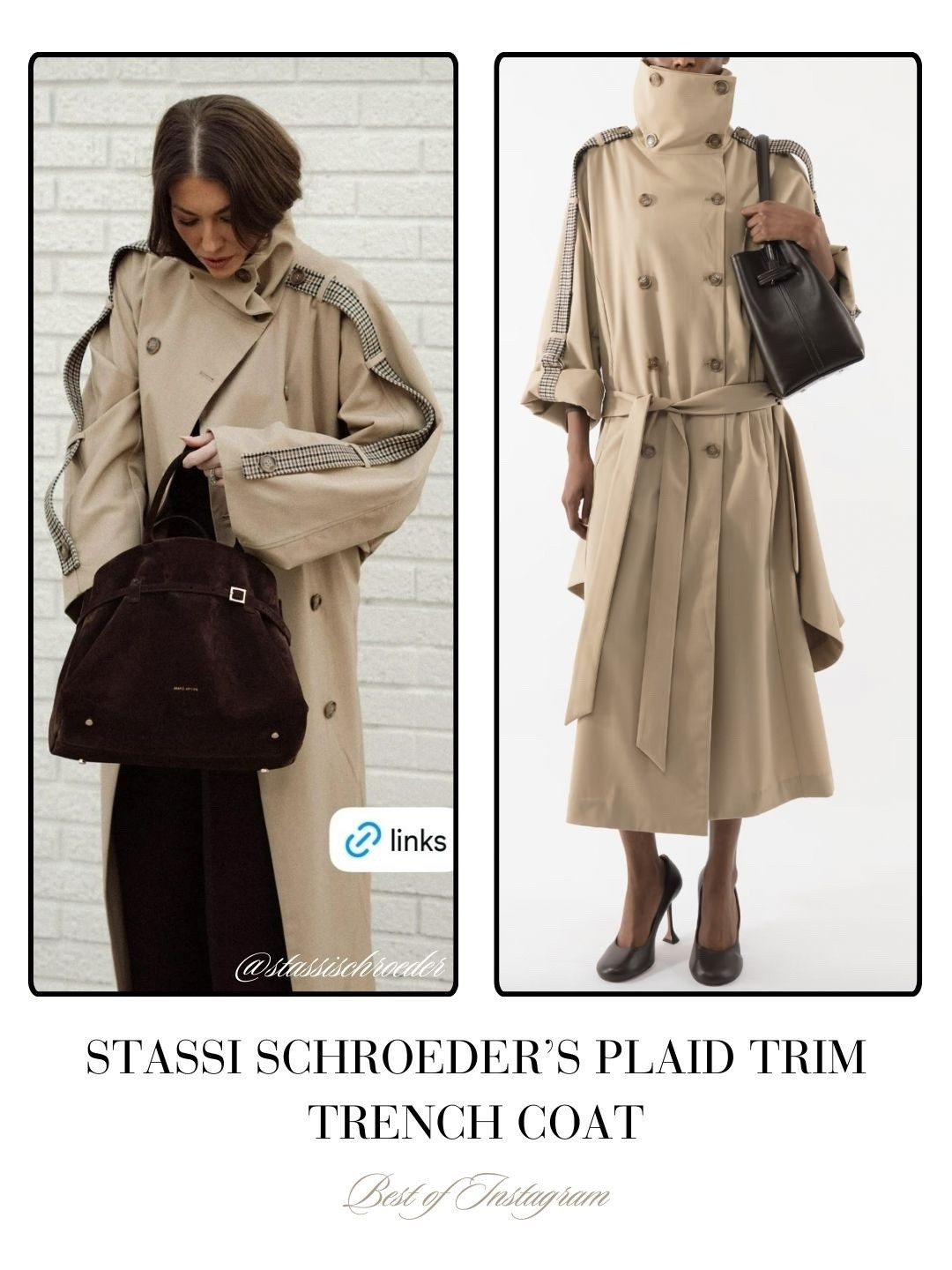 Stassi Schroeder’s Plaid Trim Trench Coat. Sold By // Arakii 📸 = @stassischroeder 